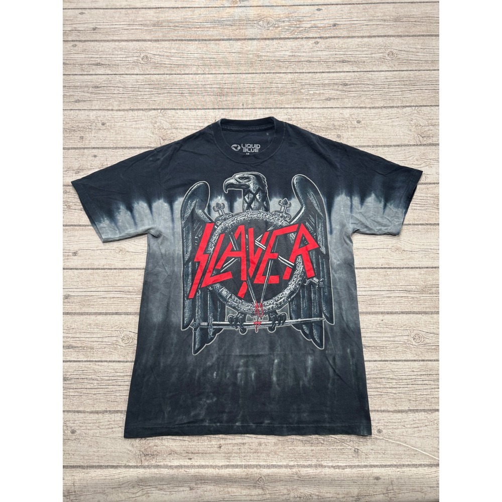 Slayer T-Shirt Men's Medium Black Tie Dye Eagle Heavy Metal Band Liquid Blue
